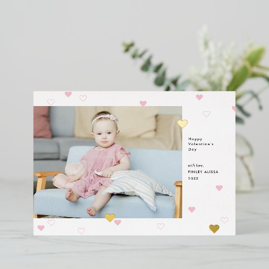 スイートピンクハートハッピーバレンタインデー写真 箔招待状 (立ち正面)