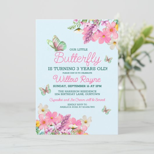 スイートピンクバタフライテーマガールズバースデーパーティー 招待状 (スタンド正面)
