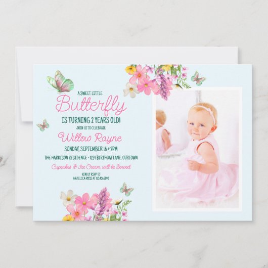 スイートピンクバタフライテーマガールズバースデーパーティー 招待状 (正面)