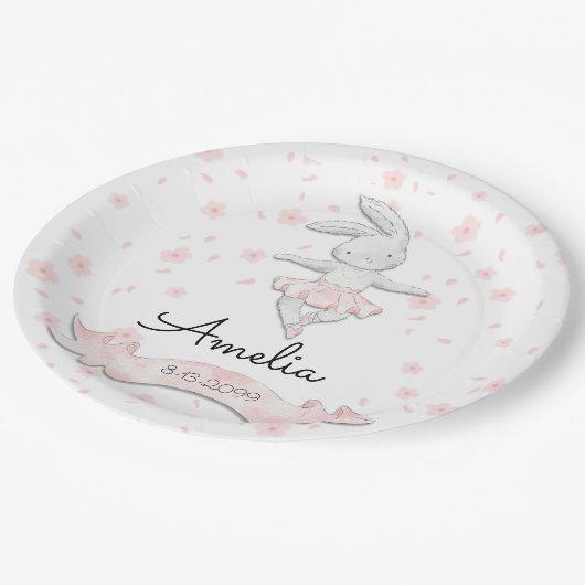 スイートピンクバレリナバニーファースト誕生日フローラ ペーパープレート (アングル)
