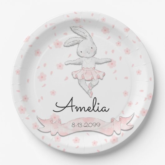 スイートピンクバレリナバニーファースト誕生日フローラ ペーパープレート (正面)