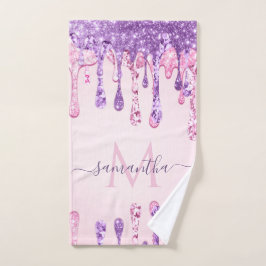 スイートピンクパープルグリッタードリップモノグラムガーリー バスタオルセット