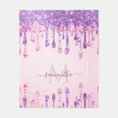 スイートピンクパープルグリッタードリップモノグラムガーリー フリースブランケット (正面)