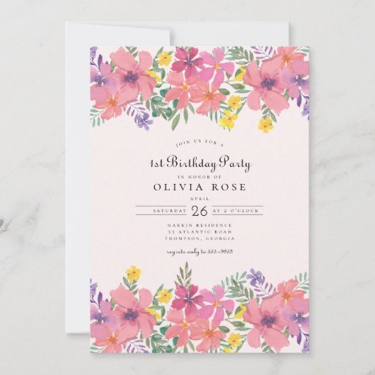 スイートピンクパープルフローラ1st誕生日パーティー 招待状 (正面)