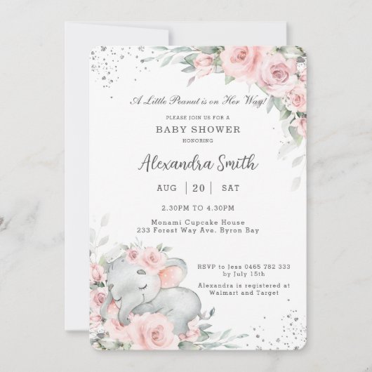 スイートピンクフローラかわいい象の赤ちゃんシャワー 招待状 (正面)