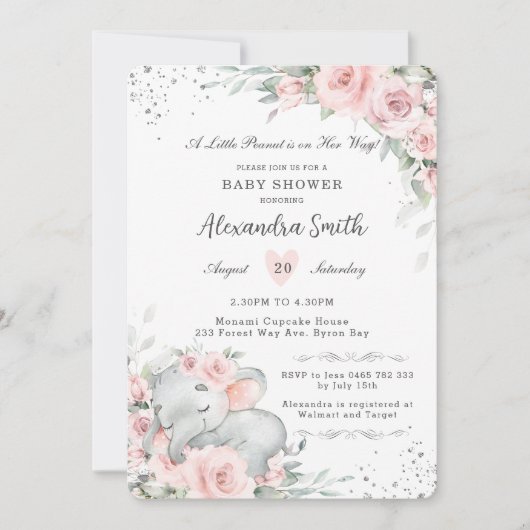 スイートピンクフローラかわいい象の赤ちゃんシャワー 招待状 (正面)