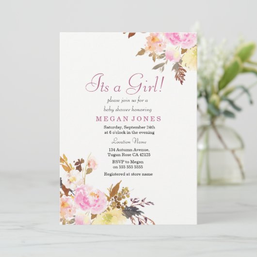 スイートピンクフローラその女の子ベビーシャワー招待状 招待状 (スタンド正面)