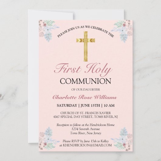 スイートピンクフローラガールズファースト聖餐式 招待状 (正面)
