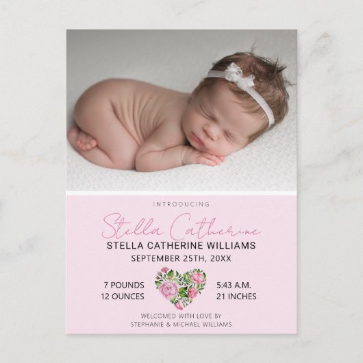 スイートピンクフローラハートベビー写真誕生 案内ポストカード (正面)