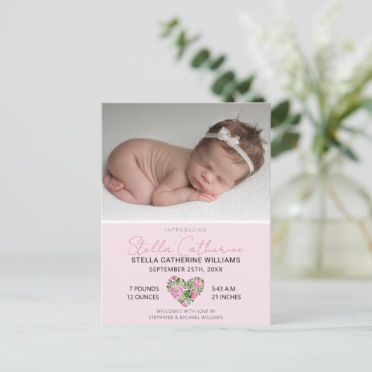 スイートピンクフローラハートベビー写真誕生 案内ポストカード (スタンド正面)