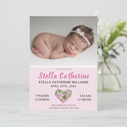 スイートピンクフローラハートベビー写真誕生 案内状 (スタンド正面)