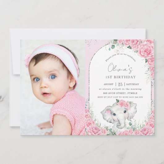 スイートピンクフローラバラゾウ誕生日写真 招待状 (正面)