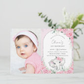 スイートピンクフローラバラゾウ誕生日写真 招待状 (スタンド正面)