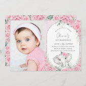 スイートピンクフローラバラゾウ誕生日写真 招待状 (正面/裏面)