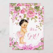 スイートピンクフローラバラベビーシャワーガールブルネット 招待状 (正面/裏面)