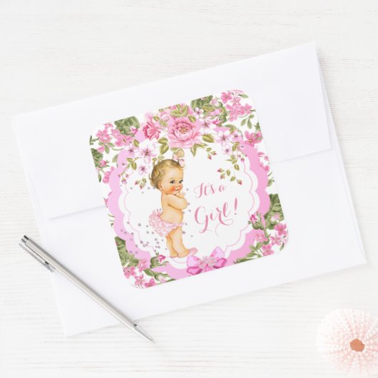 スイートピンクフローラバラベビーシャワーガールブロンド スクエアシール (封筒)