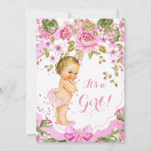 スイートピンクフローラバラベビーシャワーガールブロンド 招待状 (正面)