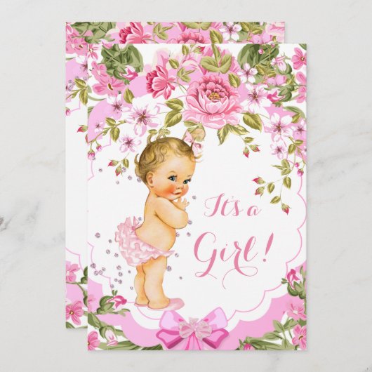 スイートピンクフローラバラベビーシャワーガールブロンド 招待状 (正面/裏面)