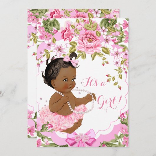 スイートピンクフローラベビーシャワーガールエスニックツツ 招待状 (正面/裏面)