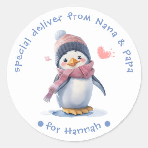 スイートピンクベビーペンギンクリスマスラベル子供へ ラウンドシール