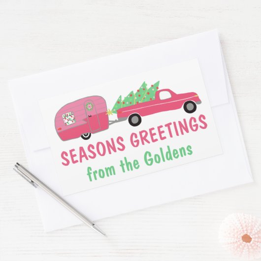 スイートピンクホリデートラックRVキャンパークリスマスギフト 長方形シール (封筒)