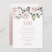 スイートピンクホワイトロモダンローズ100誕生日 招待状 (正面/裏面)
