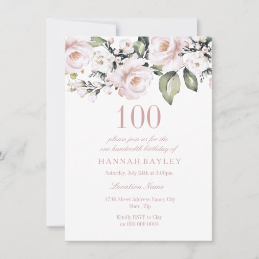 スイートピンクホワイトロモダンローズ100誕生日 招待状 (正面)