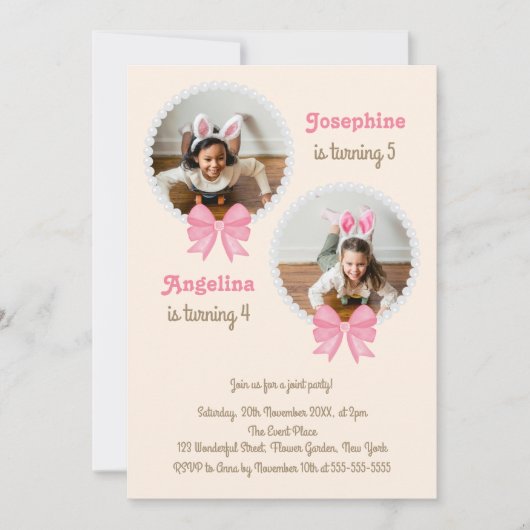 スイートピンクボウパールフォトガールジョイント誕生日 招待状 (正面)