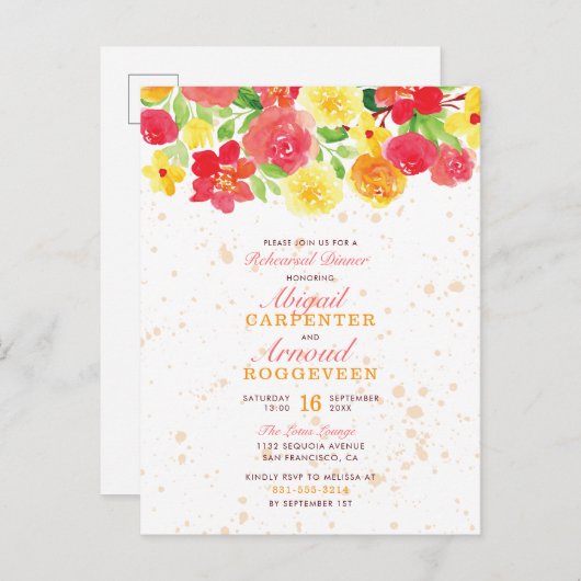 スイートピンクボタニカルバラフローラリハーサルディナー インビテーションポストカード (正面/裏面)