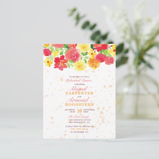 スイートピンクボタニカルバラフローラリハーサルディナー インビテーションポストカード (スタンド正面)