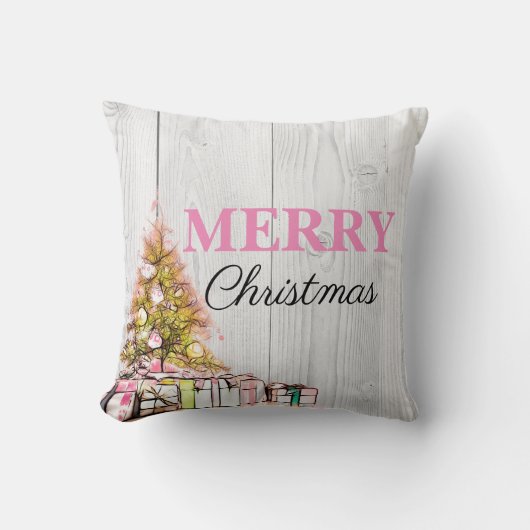 スイートピンクメリークリスマスツリー&プレゼントホリデー クッション (正面)