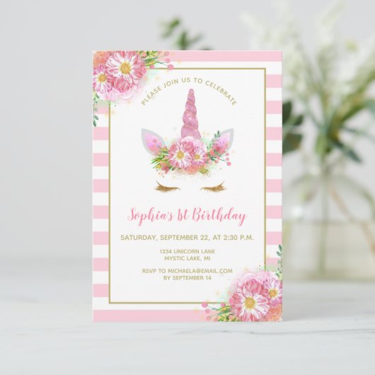 スイートピンクユニコーン顔ガールズバースデーパーティー 招待状 (スタンド正面)