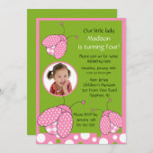 スイートピンクラディバグフォト誕生日招待状 招待状 (正面/裏面)