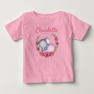 スイートピンクローズフローラベビーゾウ女の子 ベビーTシャツ