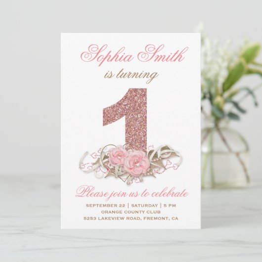 スイートピンクローズ金ゴールドグリッターファースト誕生日招待状 招待状 (スタンド正面)