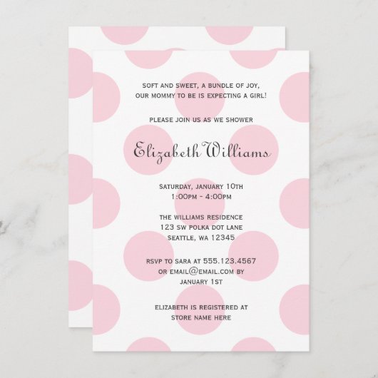 スイートピンク水玉模様ベビーガールシャワー招待状 招待状 (正面/裏面)