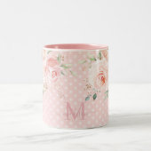 スイートピンク水玉模様赤面バラフローラモノグラム ツートーンマグカップ (中央)