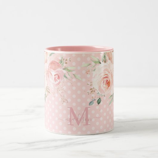 スイートピンク水玉模様赤面バラフローラモノグラム ツートーンマグカップ (中央)
