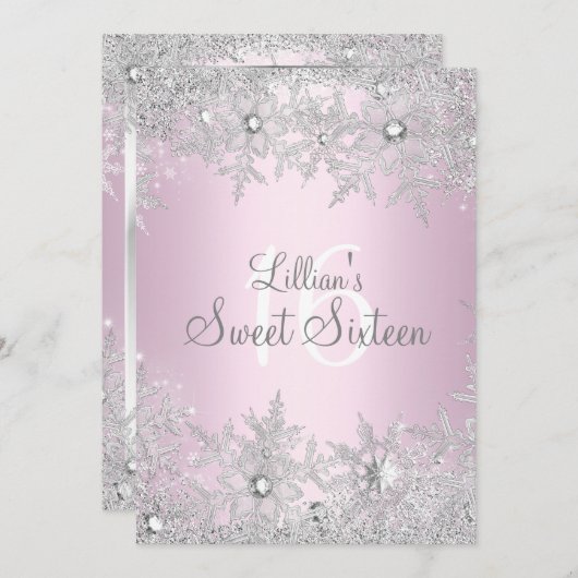 スイートピンク甘い16スノーフレーク冬ワンダーランド 招待状 (正面/裏面)