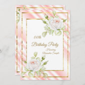 スイートピンク白い花金ゴールド誕生日パーティー 招待状 (正面/裏面)
