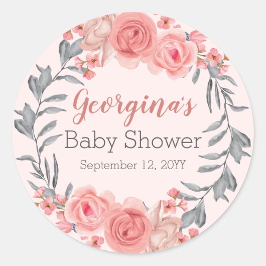 スイートピンク赤面フローラリースガールベビーシャワー ラウンドシール (正面)