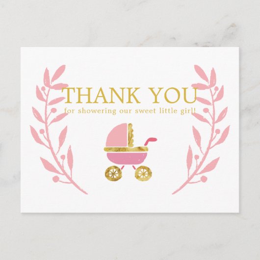 スイートピンク金ゴールドキャリッジベビーシャワーありがとう ポストカード (正面)