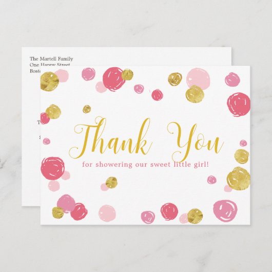 スイートピンク金ゴールド水玉模様ベビーシャワーありがとう ポストカード (正面/裏面)