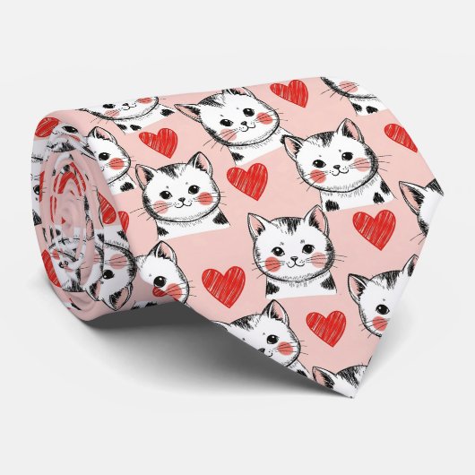 スイートピンク かわいい猫とハート柄 (8) ネクタイ (ロール)