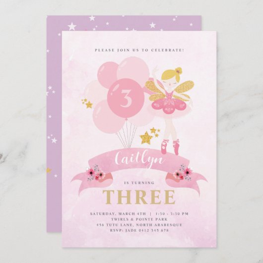 スイートピンク&ゴールド バレリーナ フェアリー バースデー 招待状 (正面/裏面)