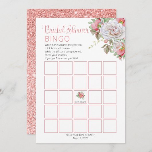 スイートピンク |ホワイトローズフローラ開花ブライダルシャワー 招待状 (正面/裏面)