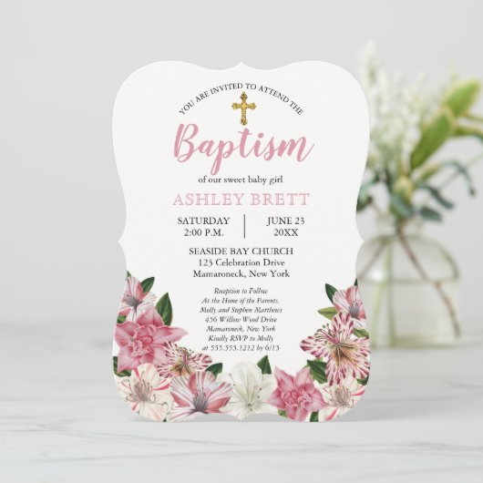 スイートピンク |ホワイトヴィンテージフローラバプテスマ 招待状 (スタンド正面)