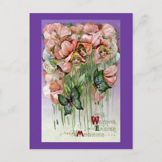 スイートピーおよび蝶ヴィンテージイースター シーズンポストカード (正面)