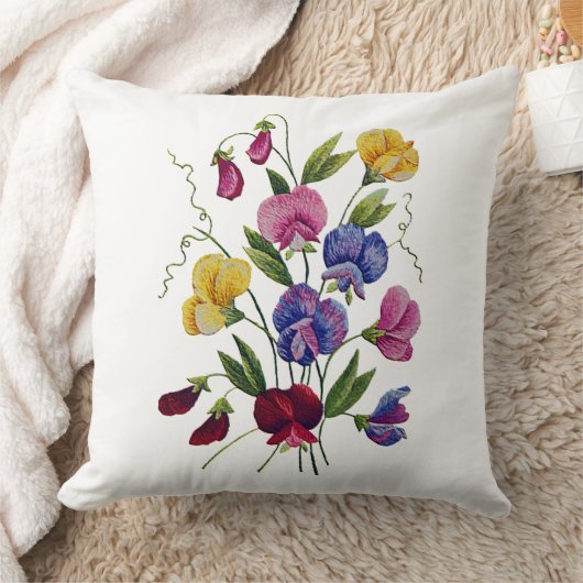 スイートピーのフェイクなCrewelの刺繍の枕 クッション (ブランケット)