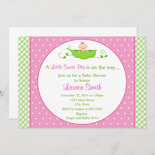 スイートピーの女の子のベビーシャワーの招待状5x7カード 招待状 (正面/裏面)